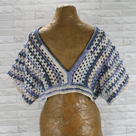 HAND CRAFTED Cardigan Sweater Cropped Crochet Striped Blue Denim Granny Square - Picture 4 of 11